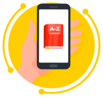 Hand holding a smartphone with a dictionary app, symbolizing the use of technology for language learning and vocabulary building png