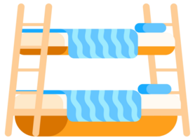 Four different empty bunk beds with mattresses, pillows and blankets representing a place to sleep for two people png