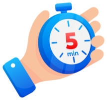 Hand firmly gripping a blue stopwatch set to 5 minutes, with a prominent red highlight on the timer png