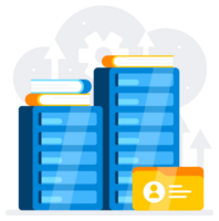 Data security featuring blue data servers, secure lock badge, and a gear cog representing system settings png