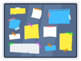Flat design of a bulletin board with various colorful sticky notes and torn paper pieces png