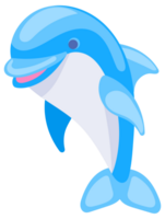 Four cute cartoon dolphins in different poses swimming and jumping on a white background png