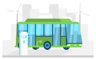 Electric bus at a charging station with wind turbines in the background, representing sustainable public transportation png