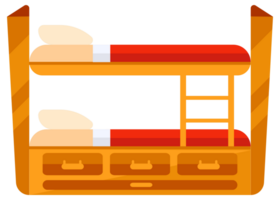 Four different empty bunk beds with mattresses, pillows and blankets representing a place to sleep for two people png