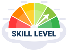 Gauge showing skill level with an arrow indicating high proficiency in the green sector against a white background png