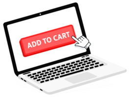 Add to cart text on Laptop screen with a red button . Button with pointer clicking. Finger Pressing png