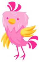 Four colorful birds standing on thin legs with wings spread wide and smiling happily png