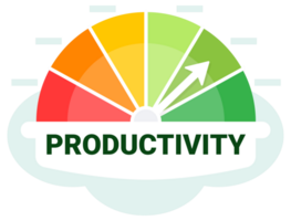 Brightly colored gauge showing productivity levels with an upward pointing arrow on a light background png