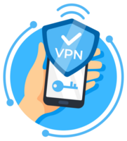 Hand holding a smartphone with a shield icon depicting a VPN connection for secure internet access png