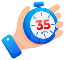 Hand firmly gripping a blue stopwatch set to 35 minutes, with a prominent red highlight on the timer png