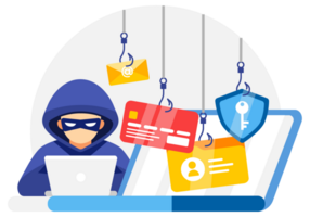 Cybersecurity concept illustration showing a hacker with phishing hooks targeting email, credit card, and secure data png