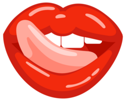 Six variations of woman's red lips showing different facial expressions like speaking, smiling, surprised and showing tongue png