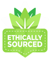 Badge highlighting ethically sourced products with a leaf design, emphasizing responsible sourcing png