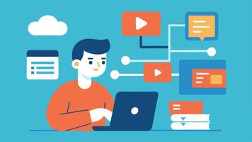UserFriendly Guides A technician creating online tutorial materials such as infographics or guides to assist users in troubleshooting issues at home.. vector