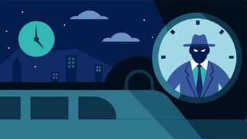 Time Passing A clock on the dashboard indicating latenight hours while the detective remains alert with the exterior windows reflecting moonlight.. vector
