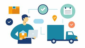 Shipping Solutions Consultation An illustration of the consultant helping a client evaluate different shipping options with visuals of delivery trucks boxes and speed icons. vector