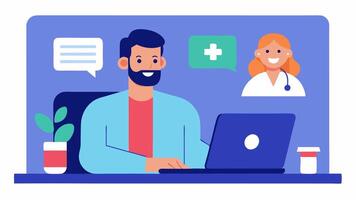 Telehealth Consultation A healthcare professional sitting at a desk with a laptop open conferencing with a patient showcasing a happy interaction through digital health. vector