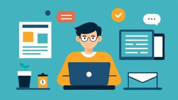 Writing for a Blog A writer tapping away on a laptop with a blog layout visible on the screen and various digital devices like a tablet and smartphone nearby.. vector