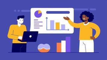 SEO Report An image of the spet presenting an SEO report with charts and statistics to a client illustrating growth and results achieved.. vector