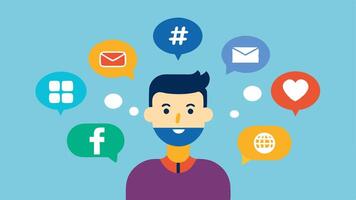 Social Media Posts A consultant brainstorming ideas for social media posts surrounded by icons of various social media platforms like chat bubbles hashtags and likes.. vector