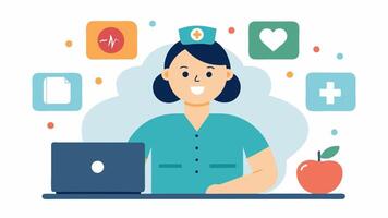 Wellness Check A cheerful nurse asking a wellness questionnaire over a call with wellness icons floating around her illustrating various health topics such as nutrition and. vector