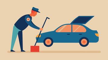 Search Tools An officer using a metal detector to scan the trunk area illustrating the use of specialized equipment in the search.. vector