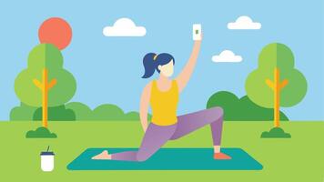 Yoga in the Park A fitness influencer is demonstrating a yoga pose on a yoga mat in a park surrounded by trees and a bright sun. The influencer is taking a selfie with a smartphone. vector