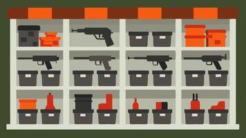 Storage Bins Shelves filled with clear storage bins each labeled to indicate the contents various firearms and edged weapons secured and organized.. vector