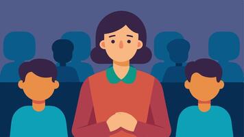 Supportive Family Member A victims family member sitting in the audience with an empathetic expression and hands clasped indicating support for the victim.. vector
