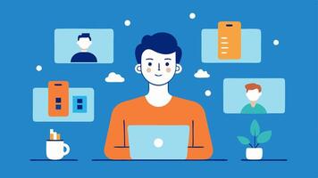 Virtual Collaboration A freelancer participating in a call with clients or editors with a clear expression of engagement and multiple screens displaying project details.. vector