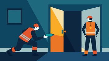 Search and Rescue Inside the building an officer is seen odically searching a room flashlight in hand while another covers them from the doorway.. vector