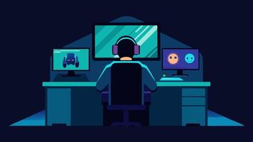 Setup Scene A gamer sitting at a desk with a dualmonitor setup displaying a popular game and a streaming interface. The room has gaming posters on the wall and LED lights. vector