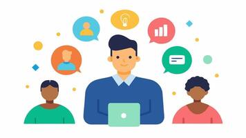 Team Collaboration The consultant leads a diverse team in a collaborative brainstorming session surrounded by colorful icons representing subscription benefits.. vector
