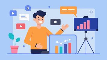 Streamer An influencer in front of a camera setup presenting a financial tutorial with charts behind them while viewers watch on screens filled with likes and comments.. vector
