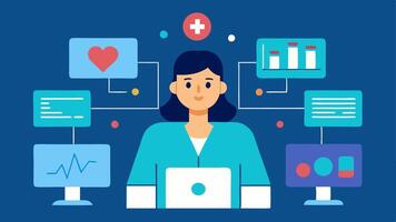 Remote Monitoring System An illustration of a nurse analyzing patient data on multiple screens showcasing realtime health metrics from remote monitoring devices.. vector
