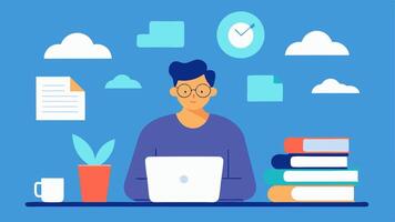 Researching Course Topics A person at a table covered in books and articles using a laptop to research trending topics for new courses.. vector