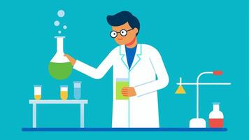 Test Tube Preparation A scientist in a lab coat carefully pouring a liquid solution into a test tube labeled DNA Sample surrounded by various lab equipment.. vector
