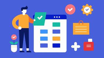 Task Management An illustration of a checklist with checked boxes a digital calendar on the screen and a virtual assistant happily organizing tasks and deadlines.. vector