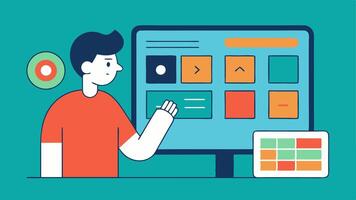 UIUX Elements An illustrator creates user interface elements such as buttons and icons for a website using a grid layout on their screen to ensure consistency and usability.. vector