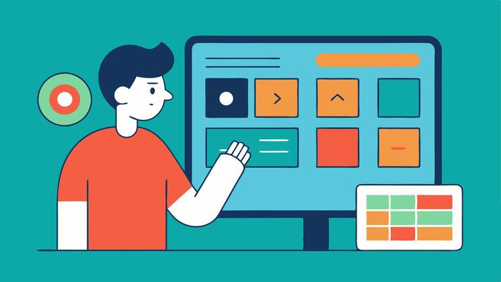 UIUX Elements An illustrator creates user interface elements such as buttons and icons for a website using a grid layout on their screen to ensure consistency and usability..