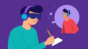 User Testing A developer observes a user interacting with a VR game taking notes as the user navigates a vivid virtual world headset on and fully engaged.. vector