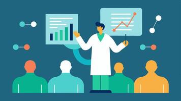 Research Presentation A scientist presenting findings on genetic research to an audience equipped with a projector displaying informative charts and DNA sequences.. vector