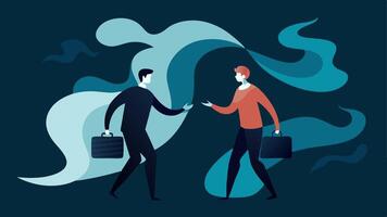Smoke and Mirrors A swirling smoke effect around the figures creating an atmosphere of mystery and intrigue as they exchange the briefcase.. vector