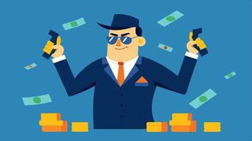 Stacks and Plans A crime boss surrounded by piles of money and blueprints of a heist counting cash with one hand while pointing at the plans with the other.. vector