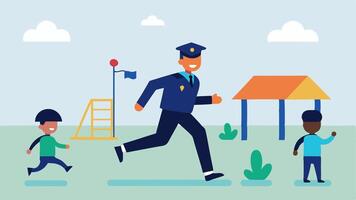 Schoolyard Escape A student running from two officer figures through a schoolyard playground equipment tered throughout the scene.. vector
