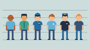 These descriptions provide a variety of visual elements that capture the essence of a suspect lineup at a police station.. vector