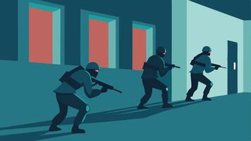 Tactical Movement A portrayal of several officers moving stealthily along the exterior of the building using the shadows for cover. They are crouched and alert ready for action.. vector