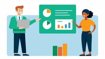 Sales Metrics Tracking The consultant explaining the importance of tracking sales metrics with a client pointing to a dashboard on a laptop that displays KPIs and conversion rates.. vector
