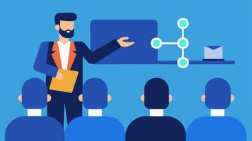 Training Programs An illustration of a supply chain manager leading a training session for staff on how to use AI tools effectively within the supply chain process.. vector