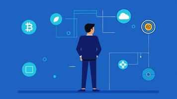Regulatory Frameworks An auditor standing in front of a large blueprint of regulatory frameworks with icons of various cryptocurrencies planning compliance strategies.. vector